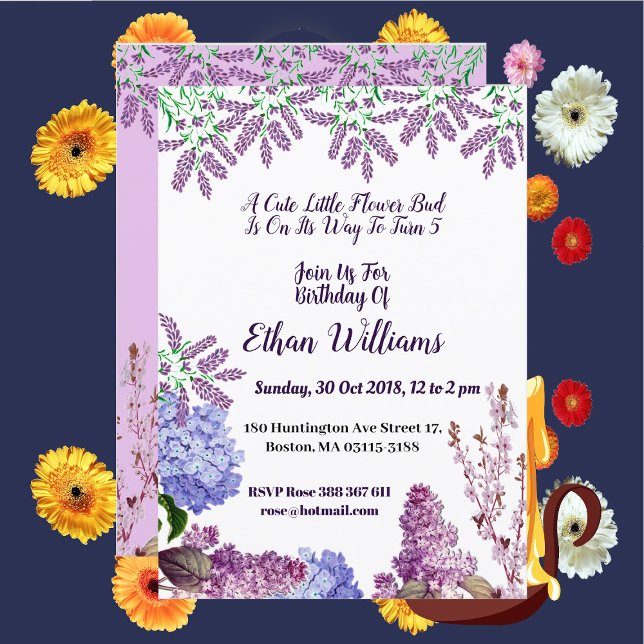 Bards Soft Blue Pastel Bud Lilac Hydrangea Birthda Inbjudningar (Kids Soft Blue Pastel Bud Lilac Hydrangea Birthday Invitation)