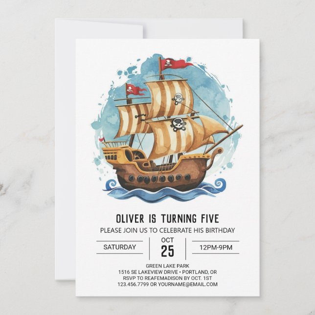 Bards Treasure Karta Boat Pirat Birthday Inbjudningar (Framsida)
