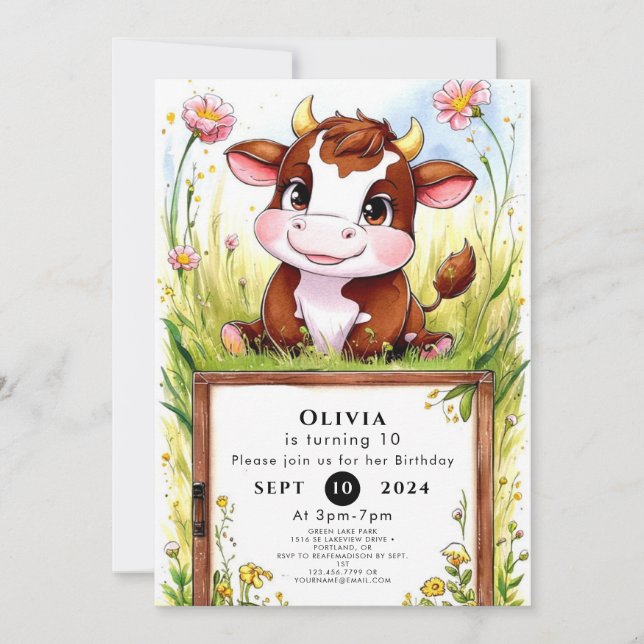 Bards Watercolor Cow Birthday Inbjudningar (Framsida)