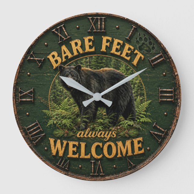 Bare Feet Always Welcome Rustic Bear Cabin Stor Klocka (Framsida)
