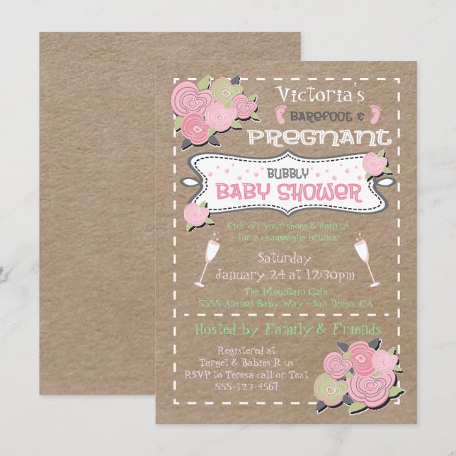 Barefoot och dräktig BubLY-babydusch inbjudan (Fram/baksida)