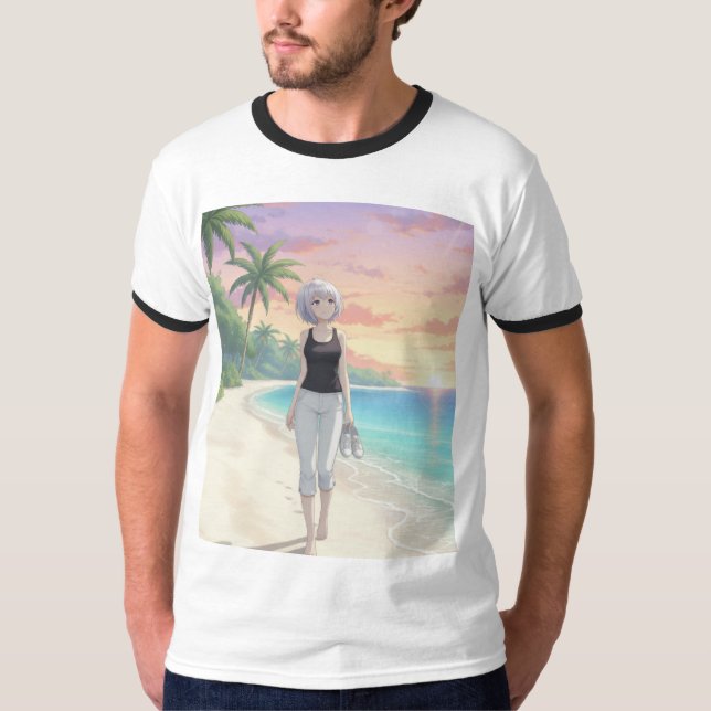 Barefoot Sunset Stroll – Tropical Beach Art  T Shirt (Framsida)