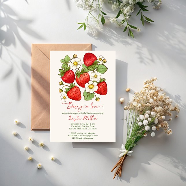 Bärförälskad jordgubbsbröllopsdusch inbjudningar (Berry in love summer fruit strawberry bridal shower invitation template instant download)