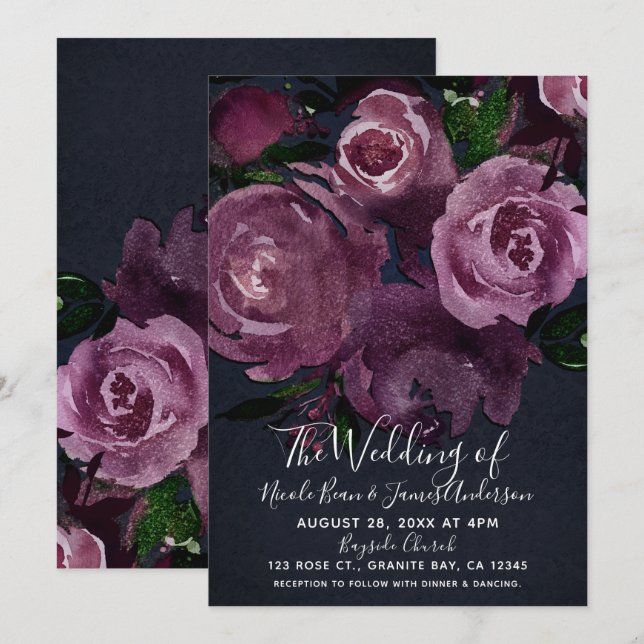 Bärfuchsia Rosor Mörkt Blommigt Glamour Bröllop Inbjudningar (Fram/baksida)