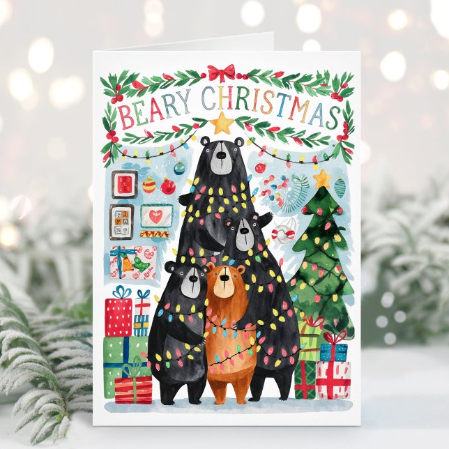 Bärgkort för julklapp, God jul Helgkort (Folded Beary Christmas Bears Christmas Card - Personalize with your greeting and names.)