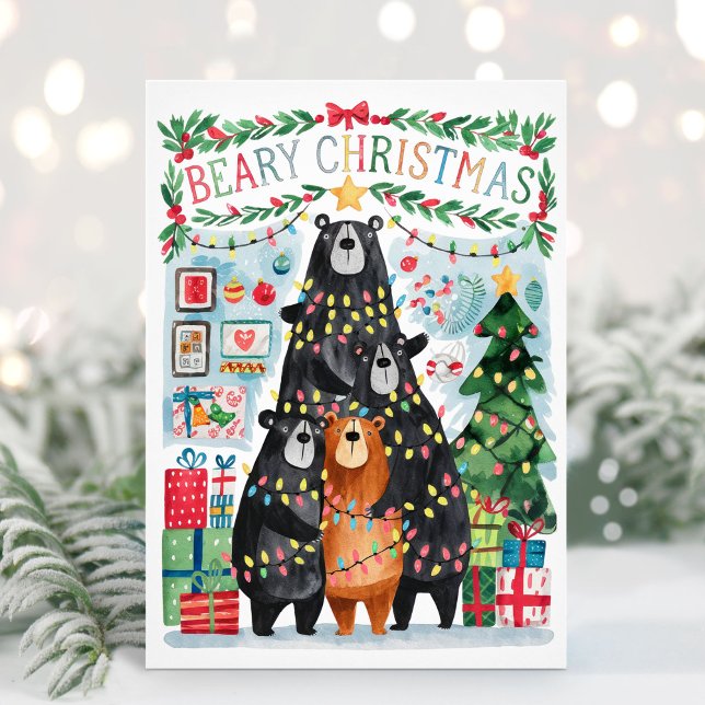Bärgkort för julklapp, God jul Julkort (Flat Beary Christmas Holiday Card - Personalize with your greeting and names.)
