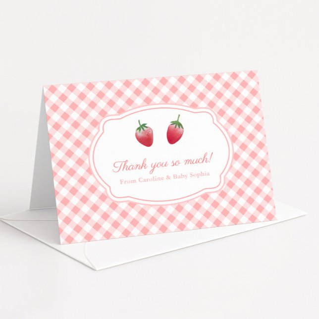 Bäriga söta jordgubbar och rosa vit gingham tack kort (Berry Sweet watercolor strawberries & pink gingham folding thank you card for baby or bridal shower)