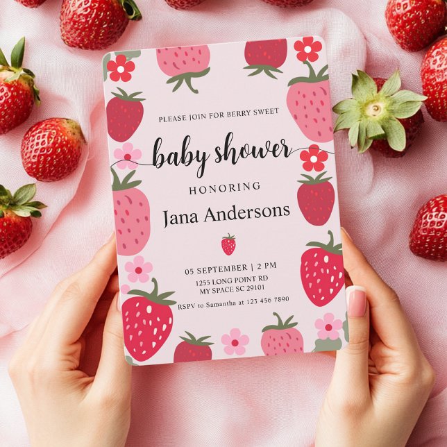 Bärigt söt rosa och röd jordgubbs-baby shower inbjudningar (Skapare uppladdad)