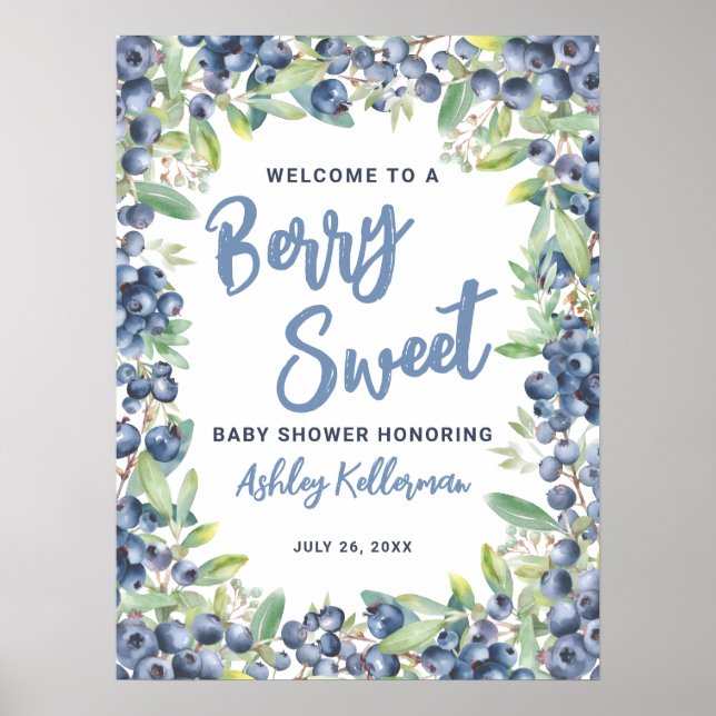 Bärigt Sött Blåbärs Baby Shower Välkomstskylt Poster (Framsidan)