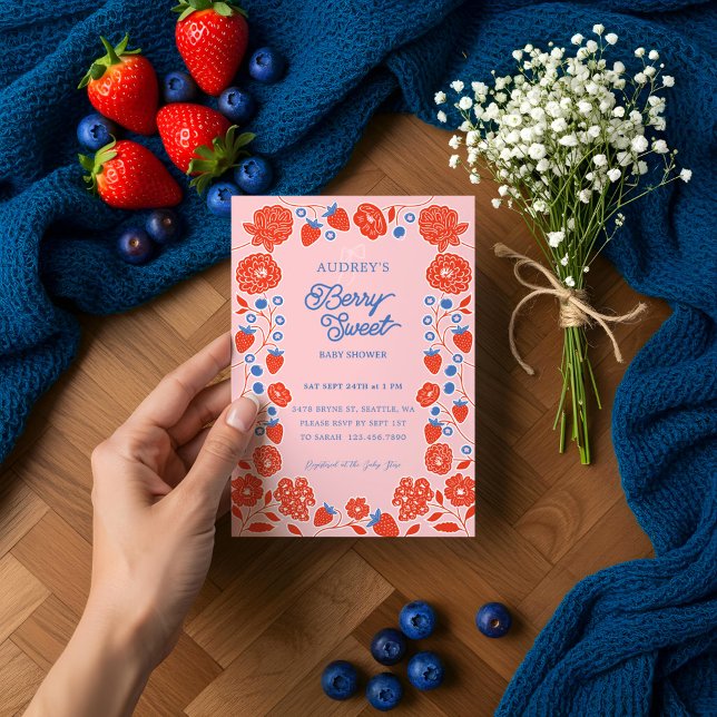 Bärigt Sött Jordgubbar, Blåbär & Blommor Inbjudningar (Berry Sweet Strawberries, Blueberries & Blooms Invitation)