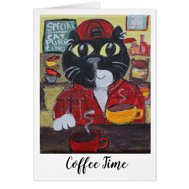 Barista Cat Coffeehouse Painting Roligt Folk Art Hälsningskort (Framsidan)