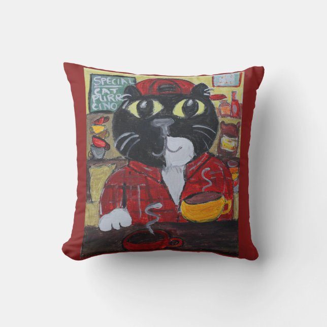 Barista Cat Folk Art Painting Coffeeehouse Roligt Kudde (Framsida)