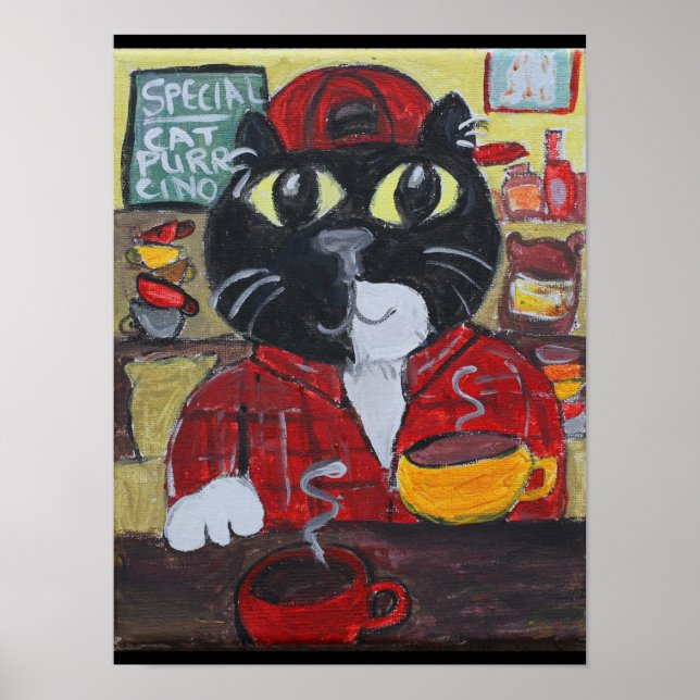 Barista Coffee Cat Folk Art Poster (Framsidan)