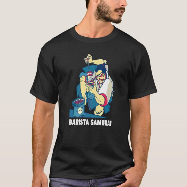 Barista Samurai Fransk Press Motif-kaffe och Pub T Shirt (Framsida)