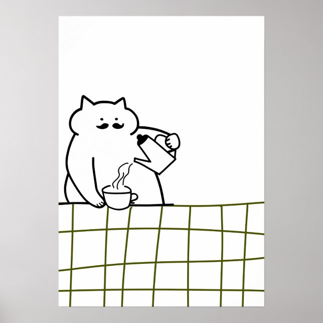 Baristakatt — Kattillustration med kaffe som hälls Poster (Framsidan)