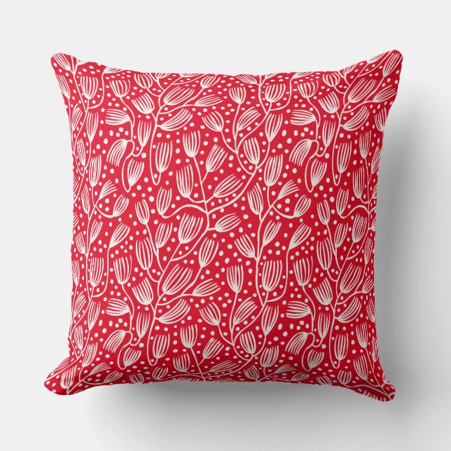 Barkcloth Stil Mönster - White on Red E6001D Kudde (Framsida)
