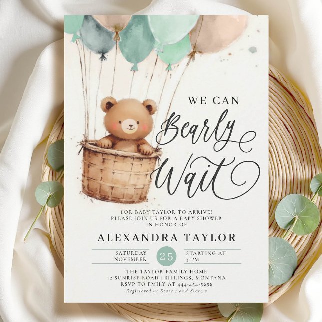 Barly Luftballongs Sage Grönt Pojke Shower Inbjudningar (bearly wait baby shower invitation boy sage green hot air balloons whimsical calligraphy watercolor)
