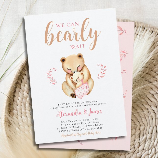 Barly Mamma Bear Unge Woodland Flicka Shower Inbjudningar (we can bearly wait baby girl shower invitation mama bear cub woodland forest cute sweet animal pink )