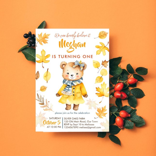 Barly, tro att det är en flicka som föll födelseda inbjudningar (Cute teddy bear bearly believe it toddler birthday party template invitation instant download  fall)