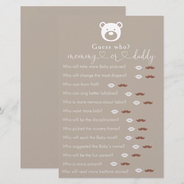 Barly Wait Baby Shower "Gissa Vem"-spel (Fram/baksida)