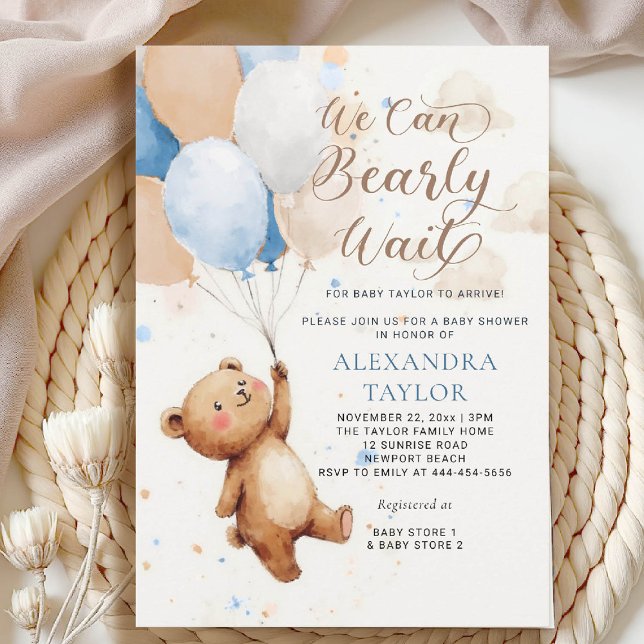 Barly Wait Balloals Watercolor Boy Shower Inbjudningar (bearly wait baby shower invitation boy blue brown tan balloons whimsical calligraphy watercolor)