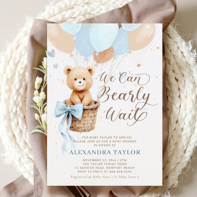 Barly Wait Balloes Bow Blue Tan Boy Shower Inbjudningar (bearly wait baby shower invitation boy blue brown hot air balloons bow calligraphy watercolor)