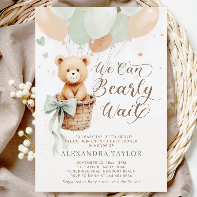Barly Wait Balloes Bow Sage Tan Chic Baby Shower Inbjudningar (bearly wait baby shower invitation sage green hot air balloons bow calligraphy watercolor)