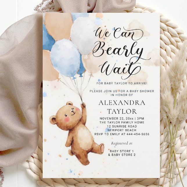 Barly Wait Balloes Watercolor Pojke Shower Inbjudningar (bearly wait baby shower invitation boy blue brown tan balloons whimsical watercolor calligraphy)