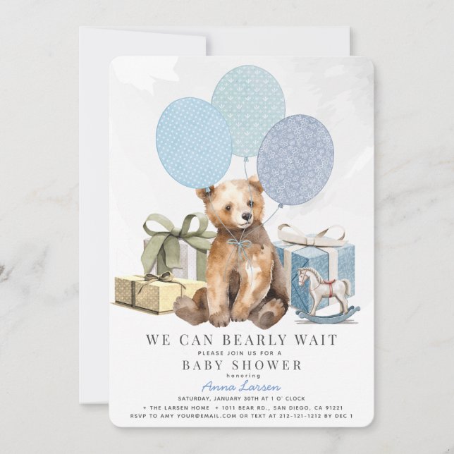 Barly Wait Bear Blue Balloon Boy Shower Inbjudningar (Framsida)