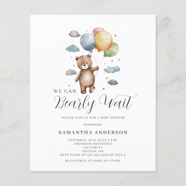 Barly Wait Bear Budget Baby Shower-inbjudan Flygblad (Framsidan)