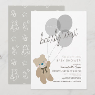 Barly Wait Bear Grått Virtuell Baby Shower Inbjudningar