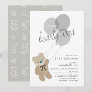 Barly Wait Bear Kön Neutral Grått Baby Shower Inbjudningar