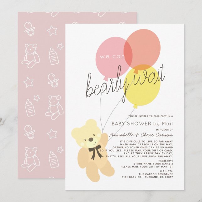 Barly Wait Bear Rosa Baby Shower by Mail Inbjudningar (Fram/baksida)