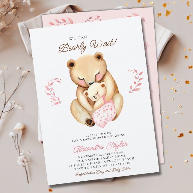 Barly Wait Bear Unge Woodland Flicka Shower Inbjudningar (we can bearly wait baby girl shower invitation mama bear cub woodland forest cute sweet animal)