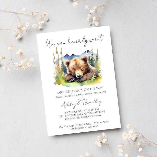 Barly wait björn unge äventyr väntar på babydusch inbjudningar (Bearly wait adventure awaits baby shower template invitation instant download cute sleeping bear cub)