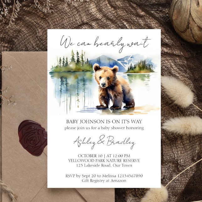 Barly wait björn unge äventyr väntar på babydusch inbjudningar (Bearly wait adventure national parks themed baby shower editable template invitation download cute)