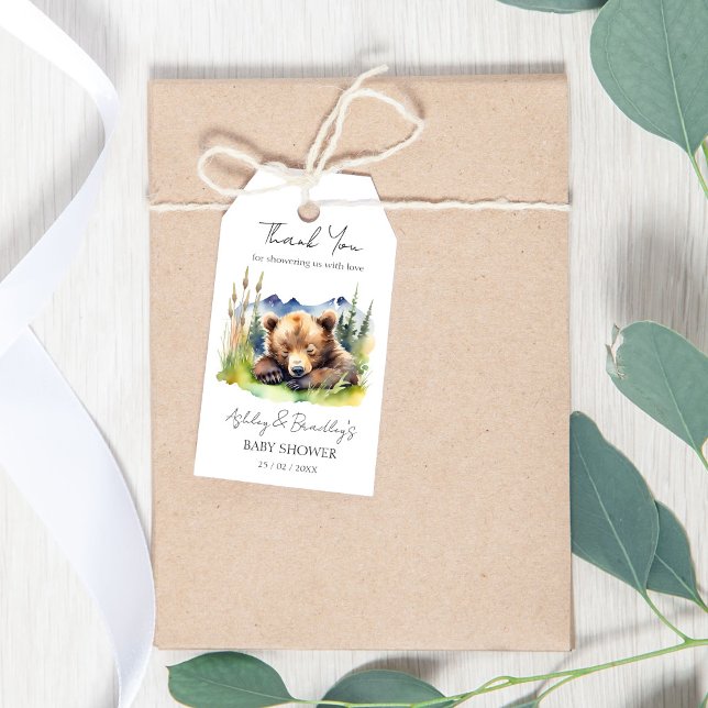 Barly wait björn unge äventyr väntar på babydusch presentetikett (Bearly wait bear cub adventure awaits baby shower favor gift tags cute baby bear thank you favor tag)