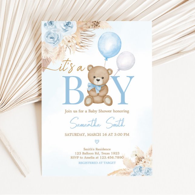Barly Wait Blue Bear Baby Shower Inbjudningar (Blue Boho Bear Balloon Baby Shower Invitation)