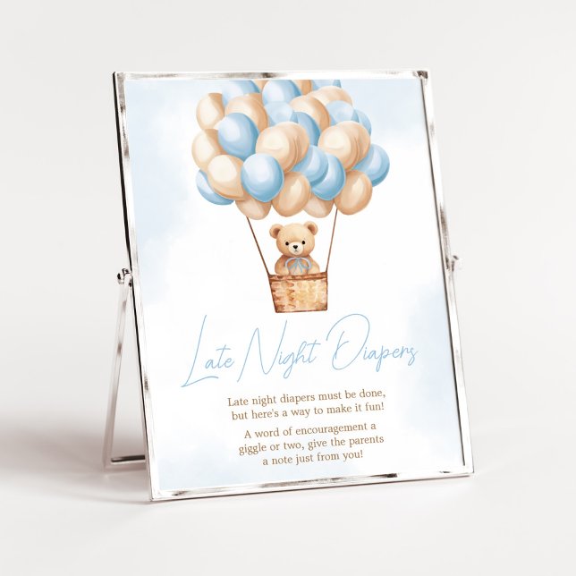 Barly Wait Blue HotAir Balloon Lent Natt Diables Poster (Boy Baby Bear Balloons Baby Shower Late Night Diapers Sign)