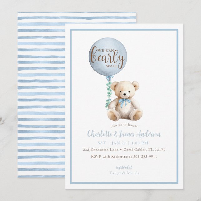 Barly Wait Blue Nalle Baby Shower Inbjudan (Fram/baksida)