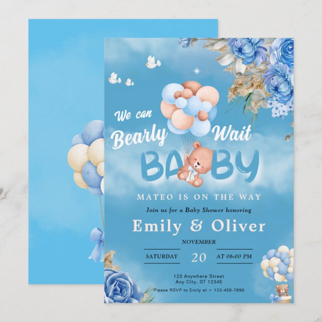 Barly Wait Blue Nalle Baby Shower-inbjudan Inbjudningar (Fram/baksida)