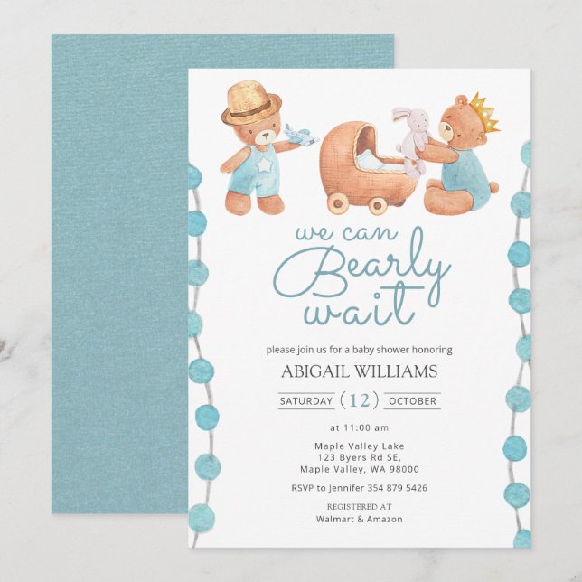 Barly Wait Blue Nalle Baby Shower Inbjudningar (Fram/baksida)