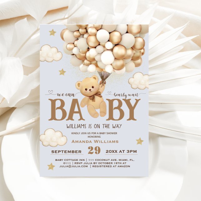 Barly Wait Blue Nalle Baby Shower-Neutralt Inbjudningar (Skapare uppladdad)