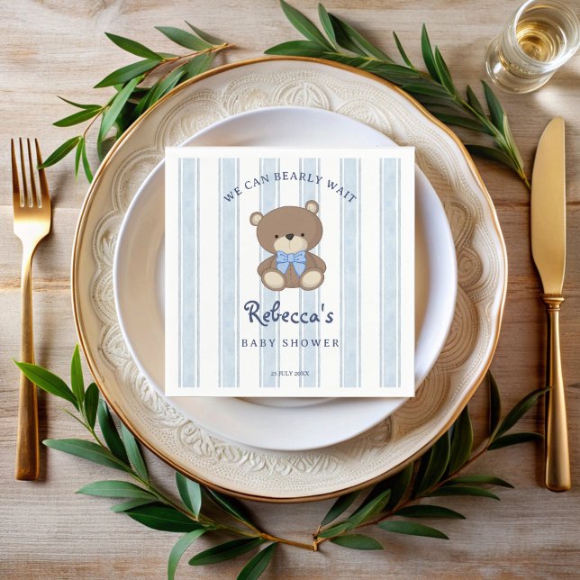 Barly wait blue retro rand vintage babydusch pappersservett (Bearly wait blue retro stripes vintage baby shower monogrammed napkins personalized table decor)