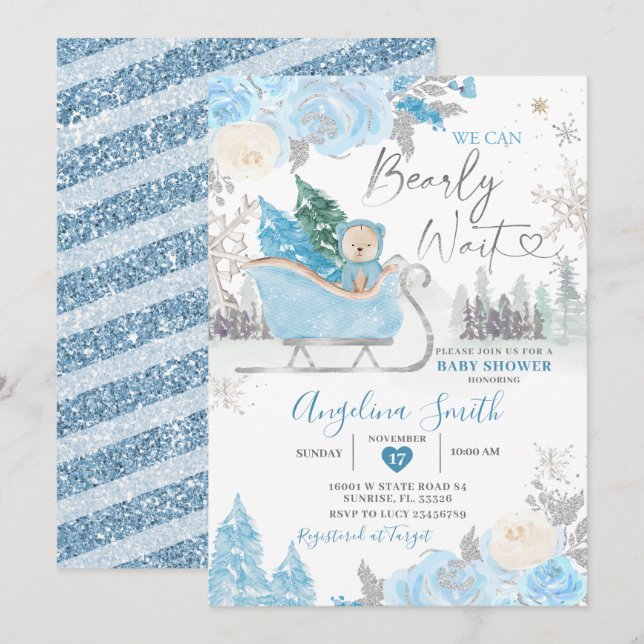 Barly Wait Blue Snowflake Blommigt Baby Shower Inbjudningar (Fram/baksida)