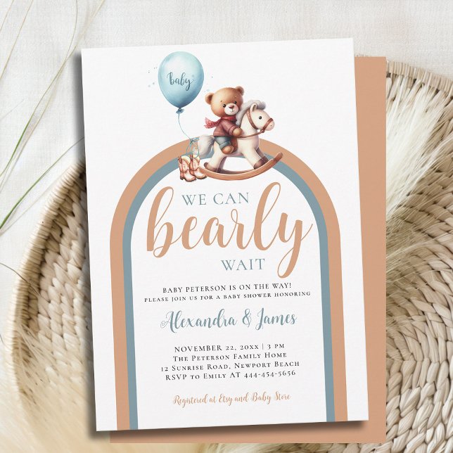 Barly Wait Boho Arch Bear Rocking Pojke Shower Inbjudningar (we can bearly wait baby boy shower invitation retro boho arch rocking chair balloon brown blue)