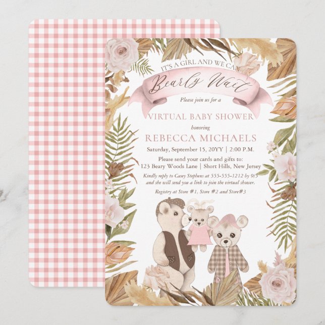 Barly Wait Boho Bear Family Virtuell Baby Shower I Inbjudningar (Fram/baksida)