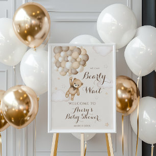 Barly Wait Brown Bear Balloon Baby Shower Poster