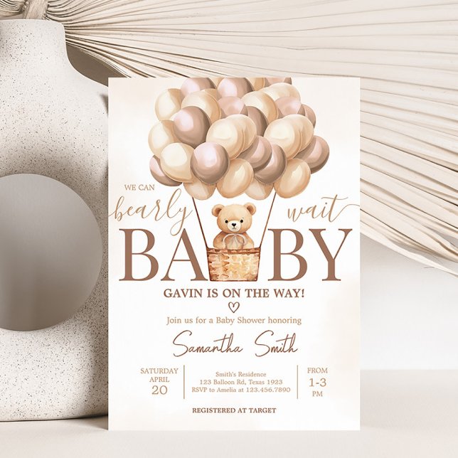 Barly Wait Brown Luftballong Baby Shower Inbjudningar (Gender Neutral Baby Bear Baby Shower Invitation)