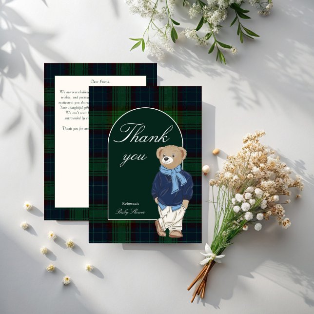 Barly wait Classic plaid babydusch Tack Kort (Bearly wait classic plaid teddy bear baby shower thank you cards)